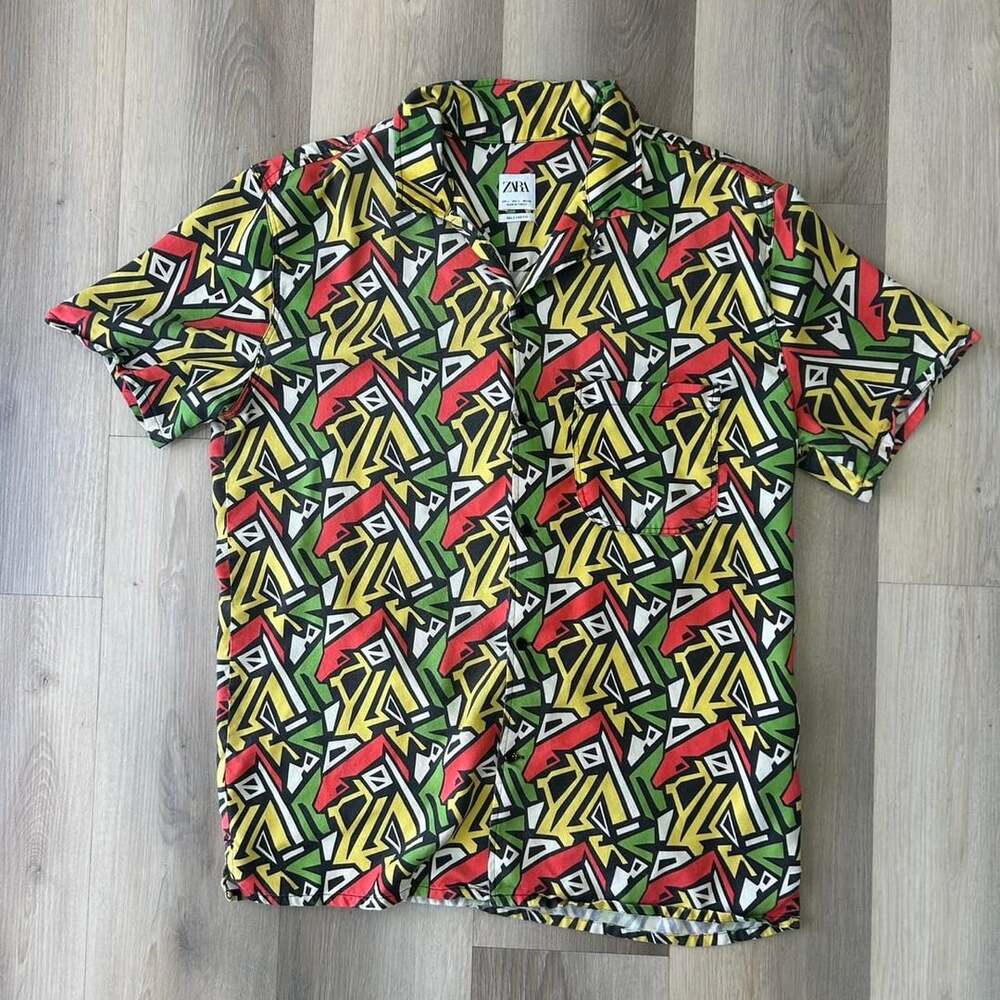 Zara Short Sleeve Hawaiian Shirt Size L Multicolored Geometric